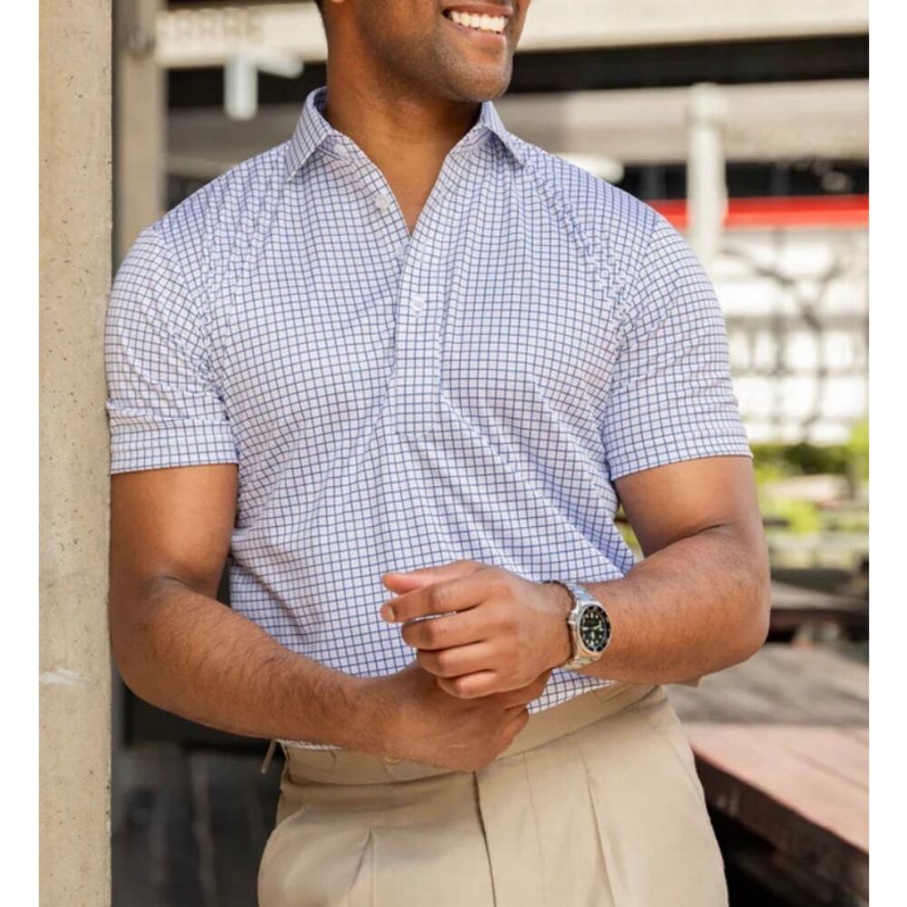 NWT Collars & Co Blue Grid Dress Collar Polo Shirt Men’s Medium 4-Way Stretch